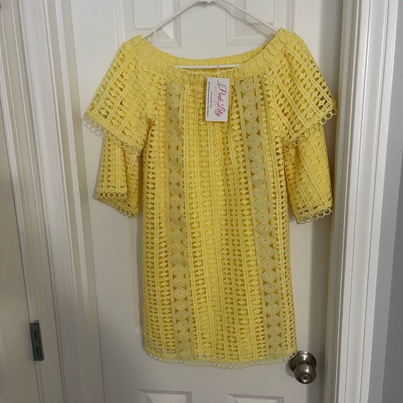 Pink Lily Yellow Crochet Off-Shoulder Dress - Picture 3 of 3
